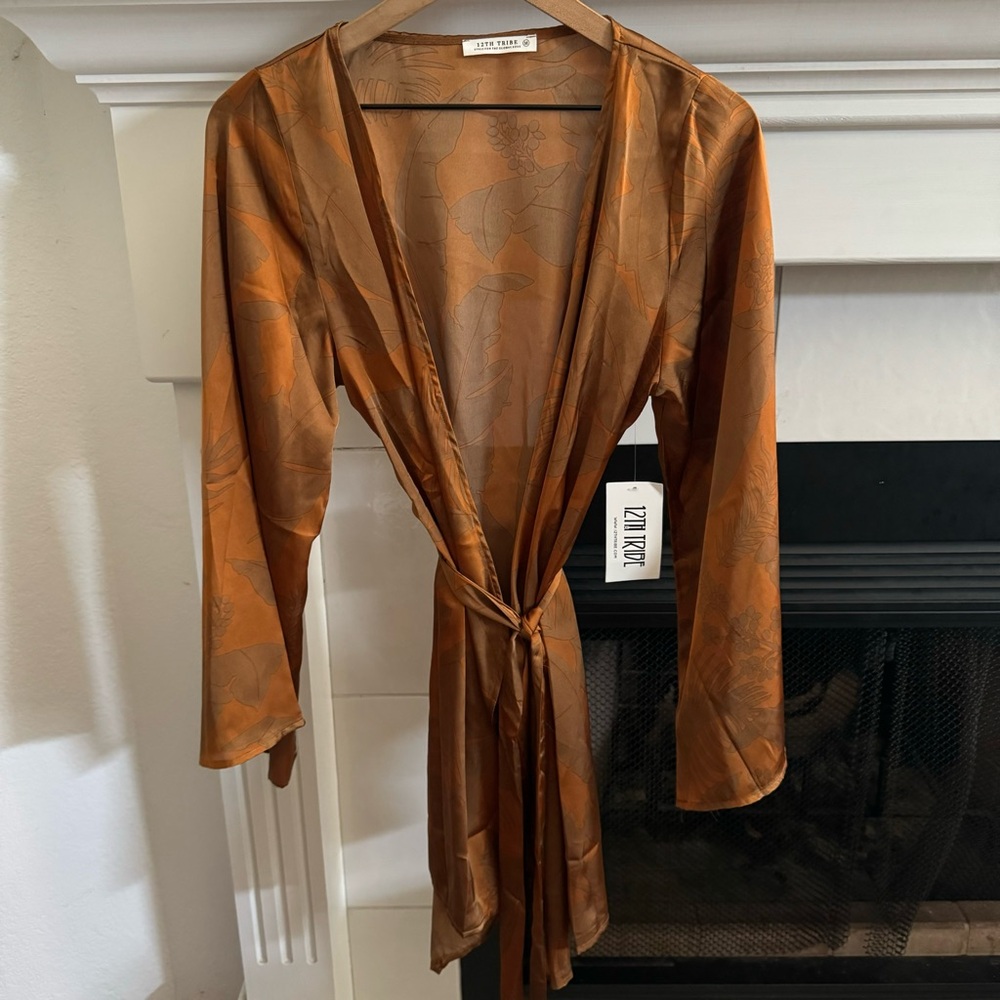 12th Tribe Burnt Orange Satin Mini Dress with Subtle Print - Picture 4 of 9